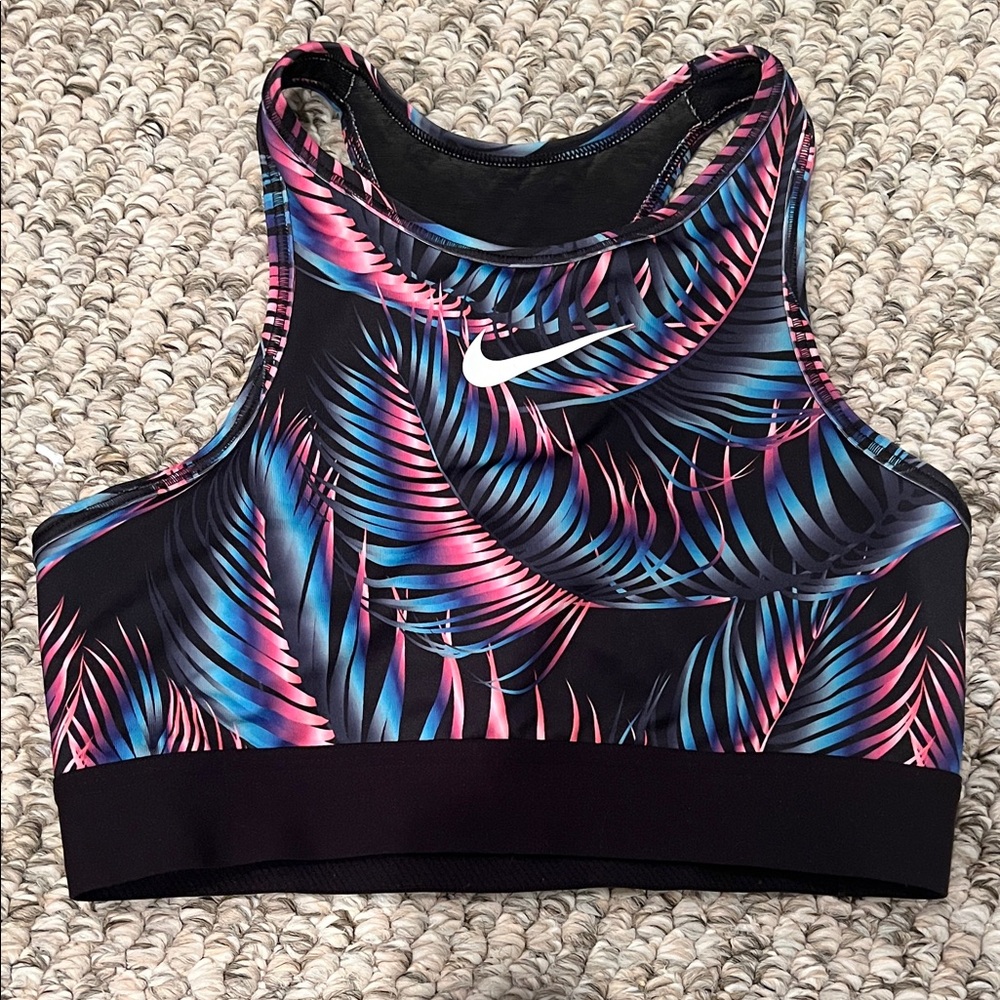 Nike Women's Vibrant Leaf Print Sports Bra - Black, Blue, and Pink